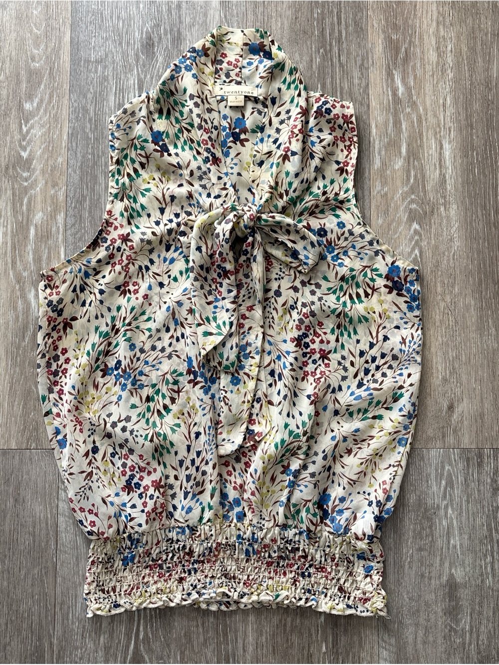 Twenty One FOREVER 21 Y2K Sheer Floral Bow Tie Smocked Waistband Blouse Size S